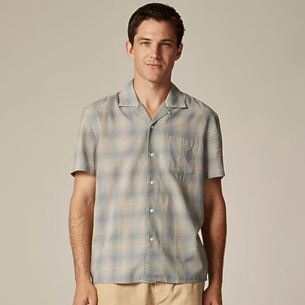 J.Crew NWT Mens Cotton Gauze Camp Collar Shirt Paul Dusty Blue Oat Plaid CC926 L